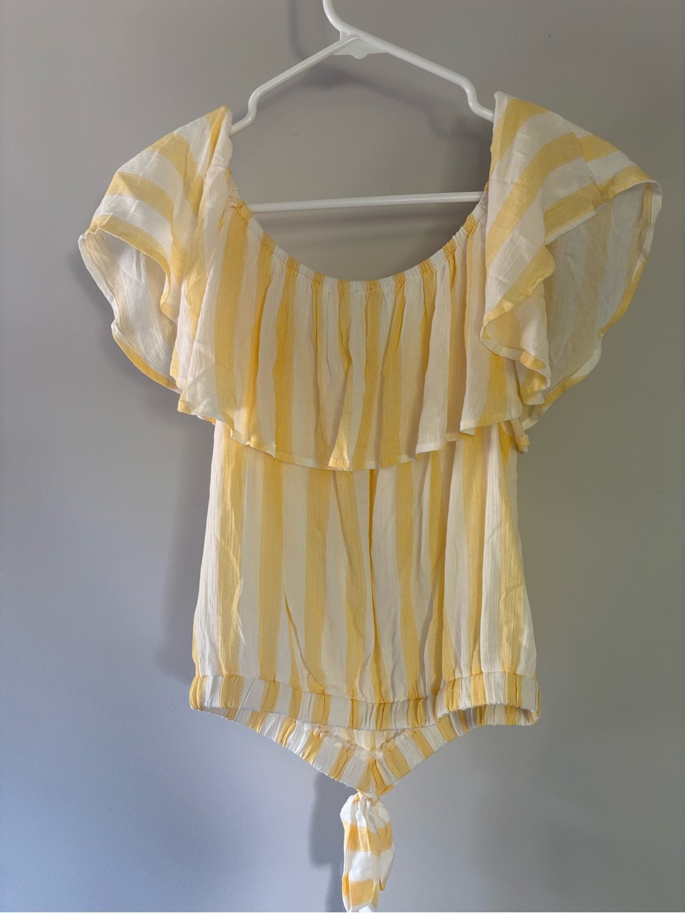 Poem&Thread Yellow Stripe Ruffle Off the Shoulder Top - Picture 3 of 5